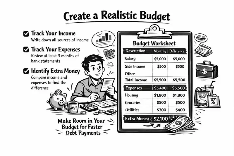 Create a realistic budget by tracking income, expenses, and extra money to pay off debt faster