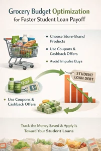 Grocery budget optimization infographic showing how saving on groceries helps pay off student loans faster.