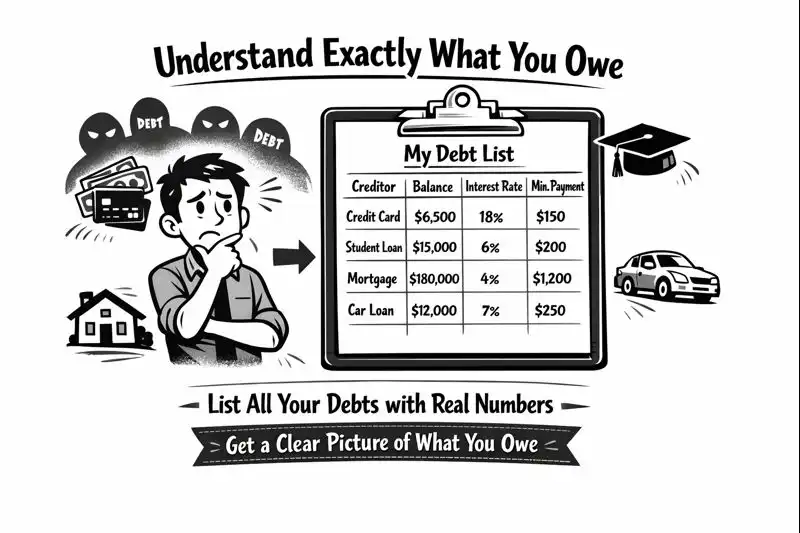 Illustration showing how to list and understand all debts, including credit cards, student loans, mortgage, and car loan