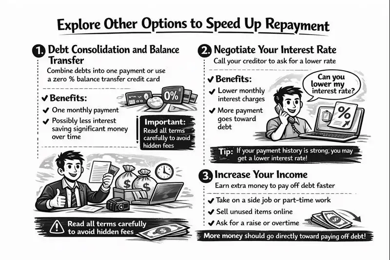 Illustration showing ways to speed up debt repayment through consolidation, negotiating interest rates, and increasing income