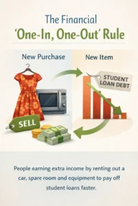 Infographic explaining the one-in, one-out financial rule, showing selling old items to reduce student loan debt.