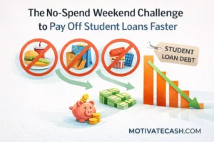 No-spend weekend challenge infographic showing avoiding eating out, shopping, and entertainment to pay off student loans faster.