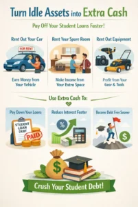 People earning extra income by renting out a car, spare room, and equipment to pay off student loans faster.