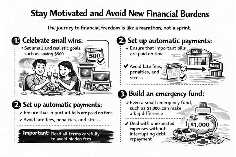 Tips to stay motivated while paying off debt, including celebrating small wins, automatic payments, and emergency savings
