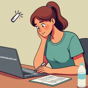 a person managing personal finance, with the website motivatecash.com visible on a laptop screen and a graphic of a canceled subscription.