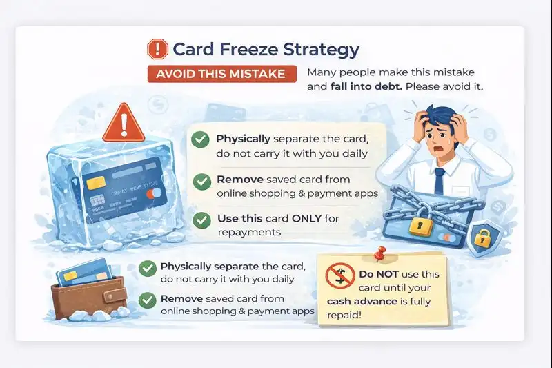Graphic explaining a card freeze strategy to avoid debt by restricting credit card use.