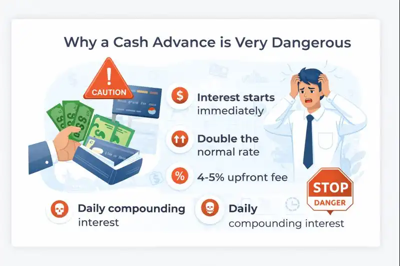 Graphic explaining why cash advances are dangerous, highlighting immediate interest, high fees, and daily compounding.