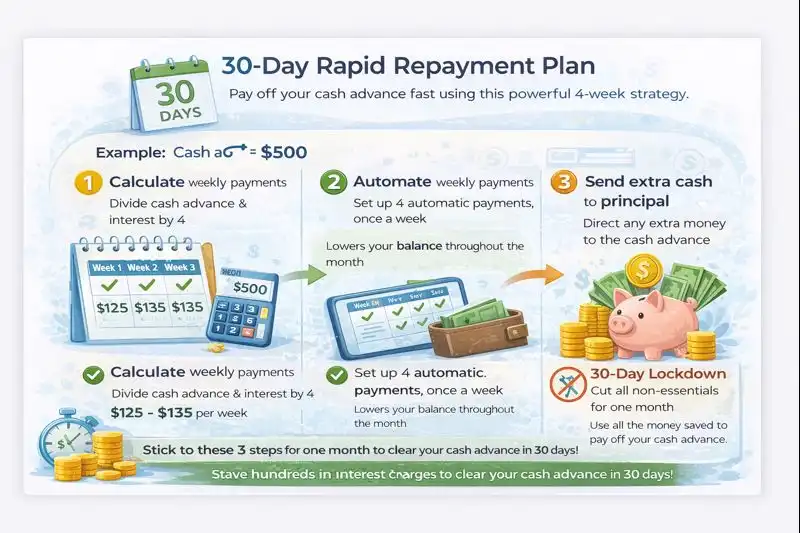 Graphic showing a 30-day rapid repayment plan for paying off a cash advance.