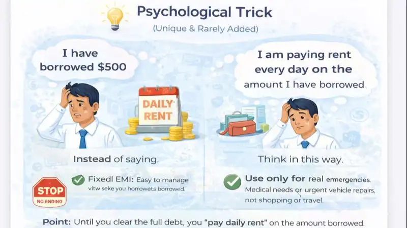 Graphic showing a psychological trick that reframes borrowed money as daily rent.