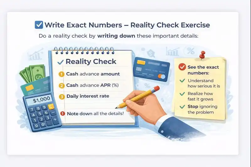 Illustration encouraging writing exact cash advance numbers, including amount, APR, and daily interest rate.
