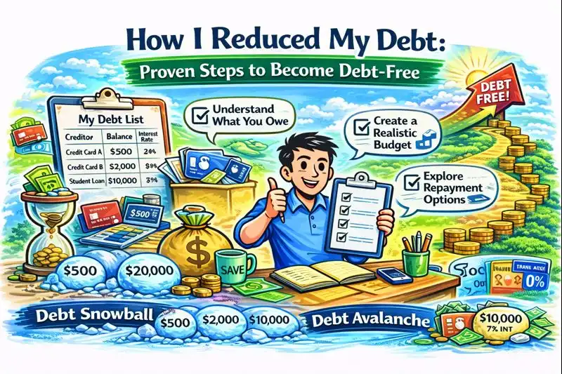 Illustration showing steps to reduce debt, including budgeting, debt snowball, debt avalanche, and a path to becoming debt-free